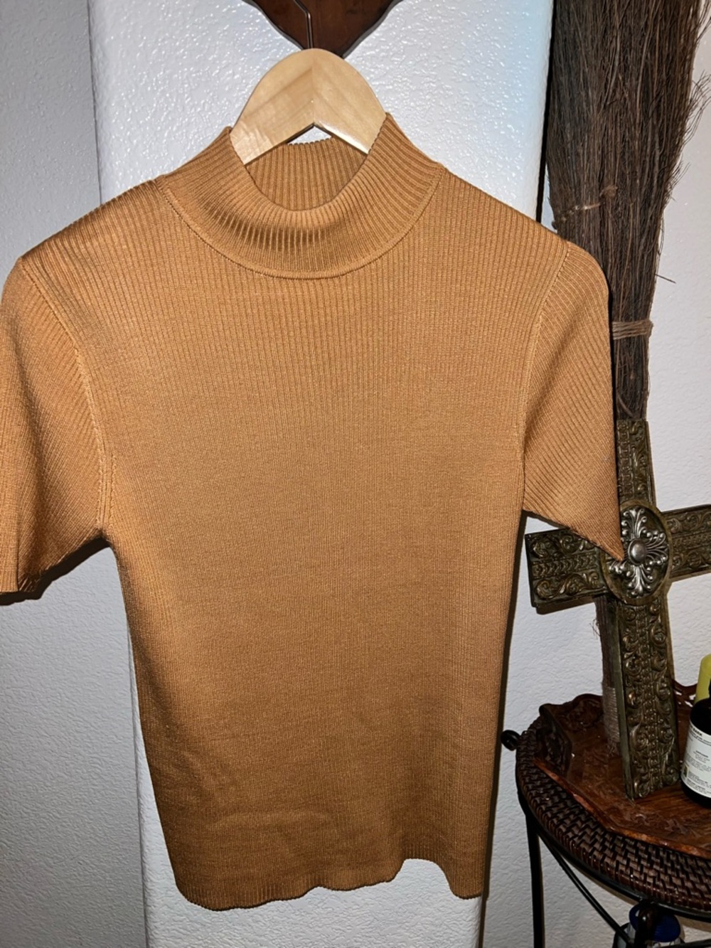 Charter Club Ribbed Mock Neck Short Sleeve Sweater - Camel Brown